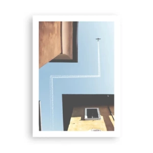 Poster - Prospettiva di edifici con un aereo e un percorso insolito nel cielo - 50x70cm - Sopra il labirinto urbano - Decorazione murale moderna per soggiorno e camera da letto ARTTOR