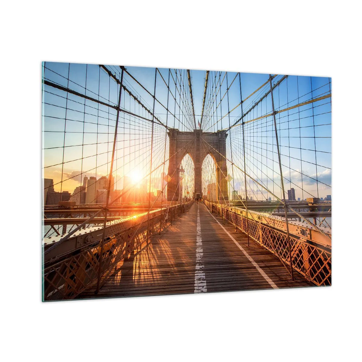 Quadro su vetro - Tramonto sul ponte di Brooklyn a New York - 100x70cm - Sul ponte d'oro - Decorazione murale moderna per soggiorno e camera da letto ARTTOR