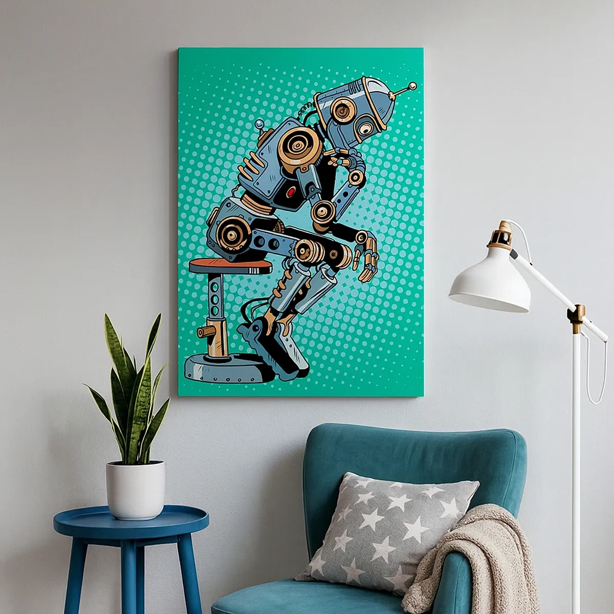 Quadro su tela - Stampe su Tela - Robot pensatore in stile pop art su sfondo verde - 50x70cm - Sull'essenza dell'essere - Decorazione murale moderna per soggiorno e camera da letto ARTTOR