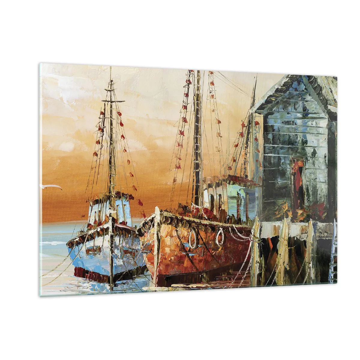 Quadro su vetro - Barche colorate al porto turistico - 120x80cm - Ritorno tranquillo - Decorazione murale moderna per soggiorno e camera da letto ARTTOR