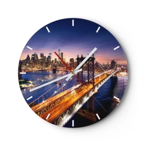 Orologio da parete - Orologio in Vetro - Vista notturna di Manhattan e del ponte - 30x30cm - Il ponte luminoso fino al cuore della città - Decorazione murale moderna per soggiorno, cucina e camera da letto ARTTOR