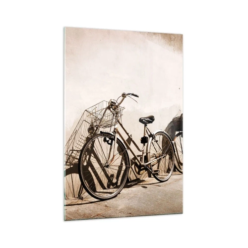 Quadro su vetro - Due biciclette appoggiate a un vecchio muro in stile retrò - 70x100cm - L'indimenticabile bellezza del passato - Decorazione murale moderna per soggiorno e camera da letto ARTTOR