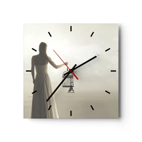 Orologio da parete - Orologio in Vetro - Una donna con una gabbia contro un cielo calmo - 30x30cm - Sii libera - Decorazione murale moderna per soggiorno e camera da letto ARTTOR