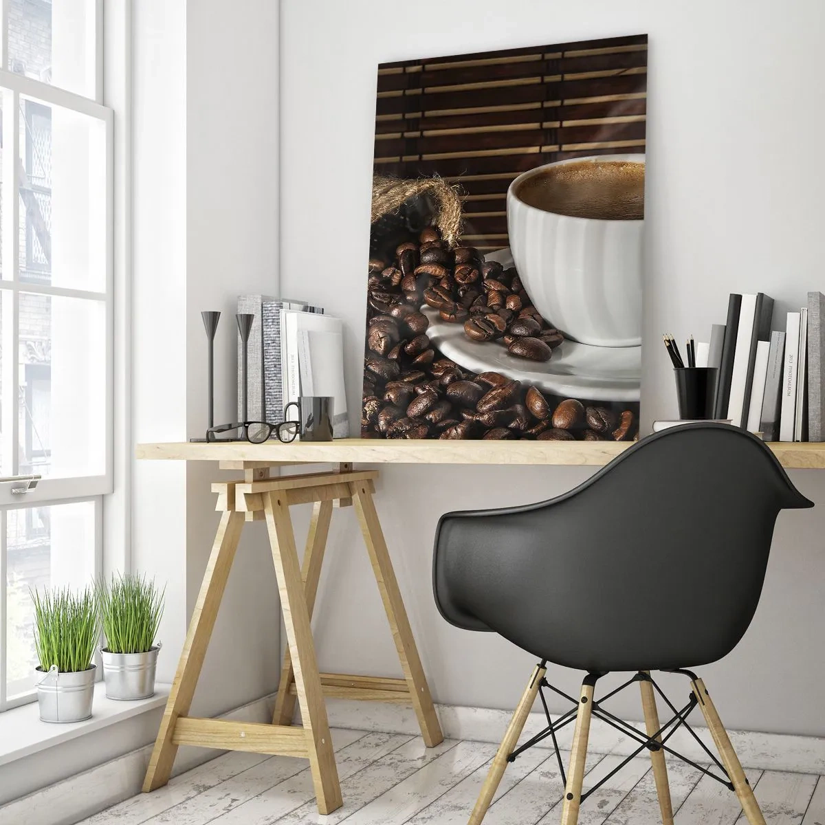 Quadro su vetro - Una tazza di caffè con chicchi su uno sfondo rustico - 50x70cm - Nero del carbone, trasparenza dell'ambra - Decorazione murale moderna per soggiorno e camera da letto ARTTOR