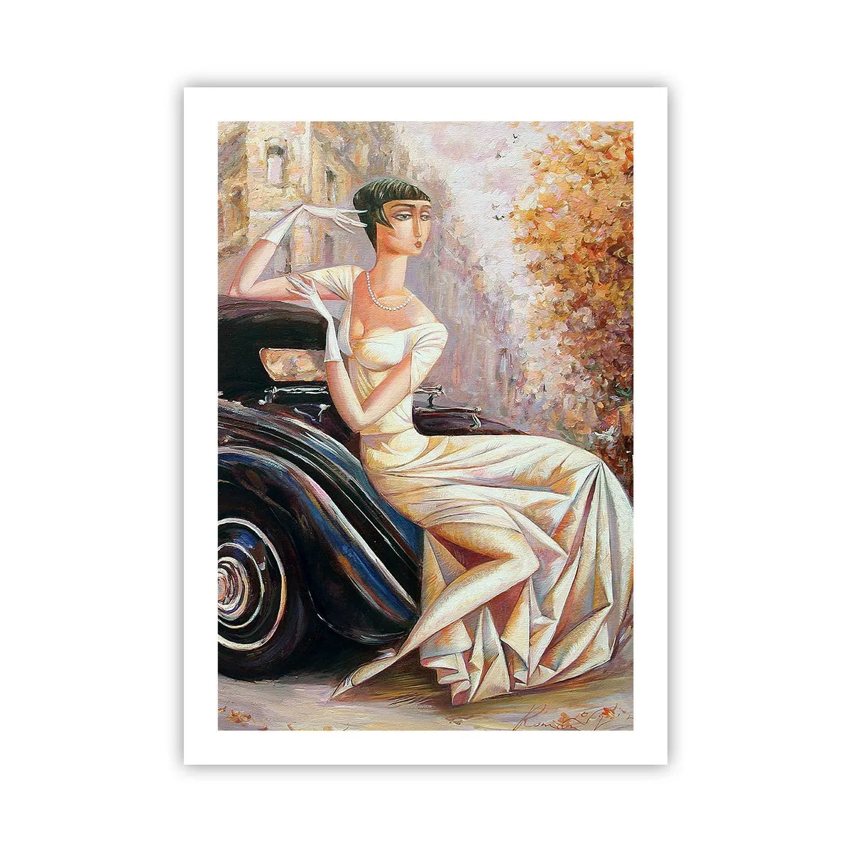 Poster - Donna elegante accanto a un'auto retrò in stile pittorico - 50x70cm - Eleganza in stile retro - Decorazione murale moderna per soggiorno e camera da letto ARTTOR