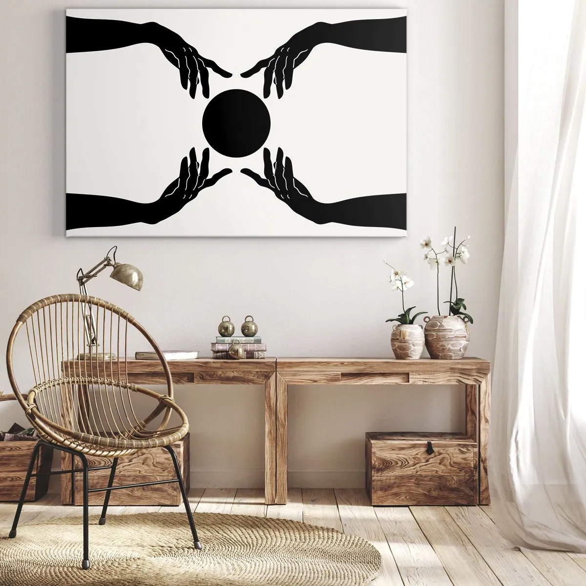 Quadro su tela - Stampe su Tela - Mani nere in una composizione simmetrica con una palla - 70x50cm - Segno misterioso - Decorazione murale moderna per soggiorno e camera da letto ARTTOR