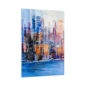 Quadro su vetro - Un panorama colorato della città dipinto con pennellate - 50x70cm - Metropoli gioiosa - Decorazione murale moderna per soggiorno e camera da letto ARTTOR