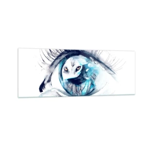 Quadro su vetro - Un occhio con l'immagine di un gufo in tonalità di blu acquerellate - 140x50cm - Faccia a faccia con la natura selvaggia - Decorazione murale moderna per soggiorno e camera da letto ARTTOR