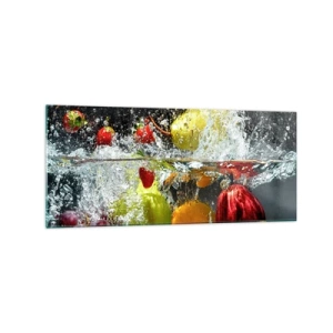 Quadro su vetro - Frutti colorati in acqua durante l'immersione dinamica - 120x50cm - Frutta rinfrescante - Decorazione murale moderna per soggiorno e camera da letto ARTTOR