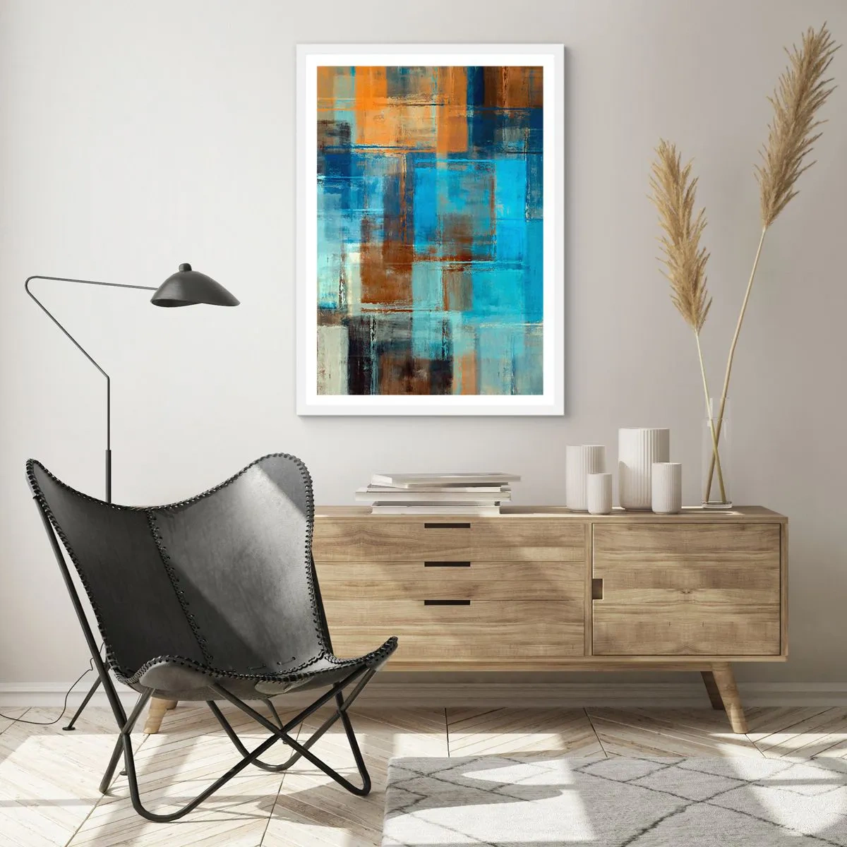 Poster in cornice bianca - Attraverso la tenda blu - 70x100 cm