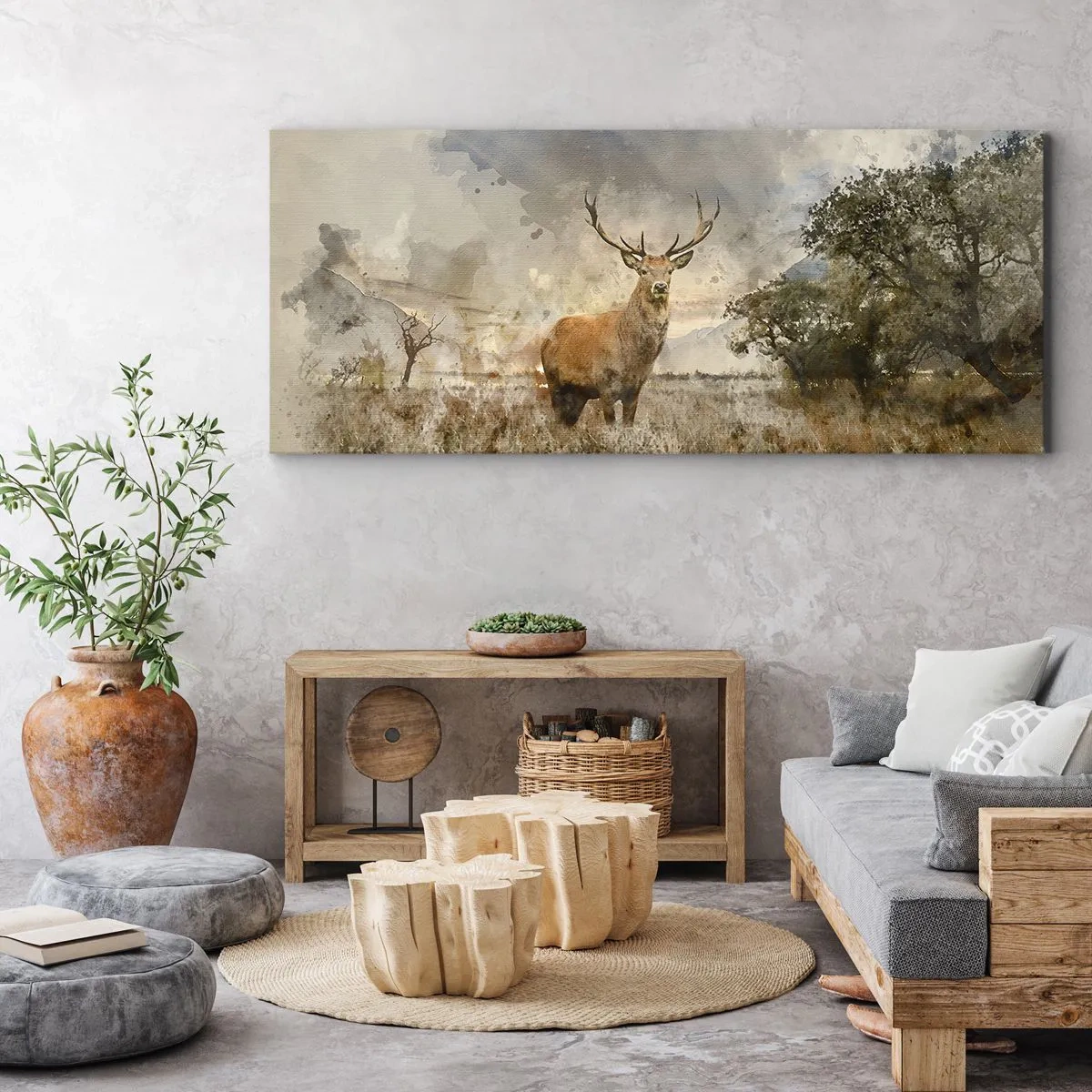Quadro su tela - Stampe su Tela - Un cervo in un ambiente naturale in stile acquerello - 160x50cm - Dignità - forza - maestosità - Decorazione murale moderna per soggiorno e camera da letto ARTTOR