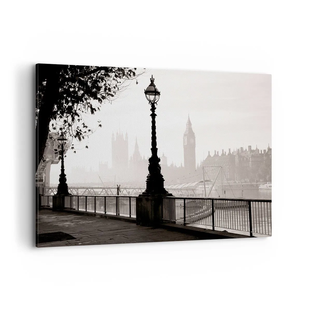 Quadro su tela - Stampe su Tela - Una vista monocromatica del Big Ben e del Tamigi. - 120x80cm - Un mattino a Londra - Decorazione murale moderna per soggiorno e camera da letto ARTTOR