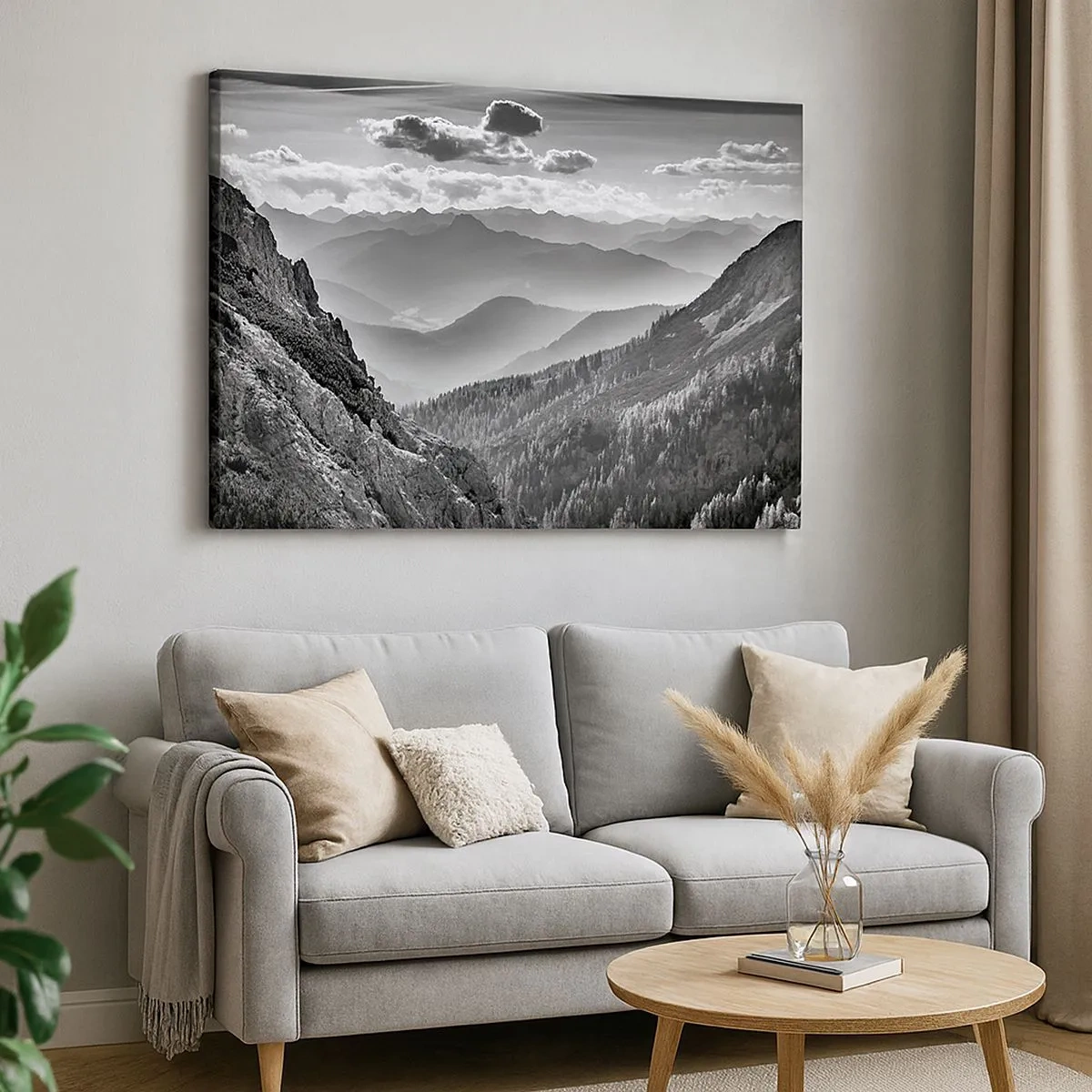 Quadro su tela - Stampe su Tela - Paesaggio montano in bianco e nero con nuvole sulle cime - 70x50cm - Fino all'orizzonte - Decorazione murale moderna per soggiorno e camera da letto ARTTOR