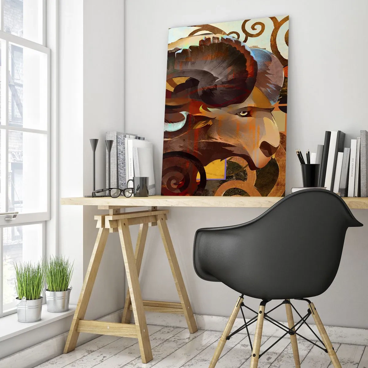 Quadro su vetro - Un'immagine artistica di un ariete in una composizione geometrica e a spirale. - 50x70cm - Magie - religioni - riti - Decorazione murale moderna per soggiorno e camera da letto ARTTOR