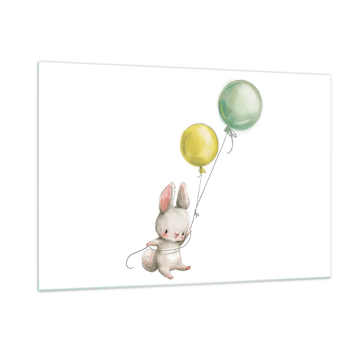 Quadro su vetro - Un coniglietto che tiene due palloncini - 120x80cm - Volo anch'io! - Decorazione murale moderna per soggiorno e camera da letto ARTTOR