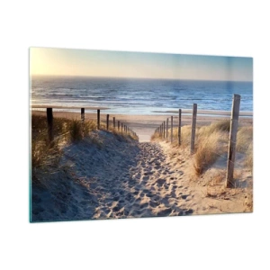 Quadro su vetro - Un sentiero tra le dune che conduce ad una spiaggia con mare calmo - 120x80cm - Rumore del mare, uccelli che cantano, spiaggia selvatica tra i cespugli... - Decorazione murale moderna per soggiorno e camera da letto ARTTOR