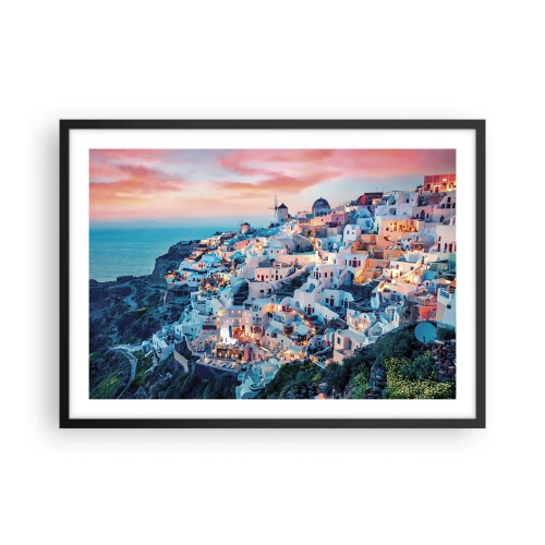 Poster in cornice nera - Santorini al tramonto con edifici bianchi sulla collina - 70x50cm - La tua grossa vacanza greca - Decorazione murale moderna per soggiorno e camera da letto ARTTOR