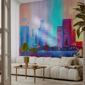 Fotomurali Premium Canvas - Un panorama colorato della città in stile acquerello - 100x70cm - Immerse nei colori - Decorazione murale moderna per soggiorno e camera da letto ARTTOR
