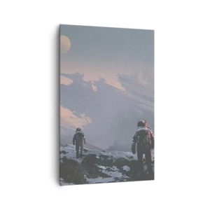 Quadro su tela - Stampe su Tela - Astronauti su un pianeta alieno con un relitto di astronave - 80x120cm - Sotto una stella sconosciuta - Decorazione murale moderna per soggiorno e camera da letto ARTTOR