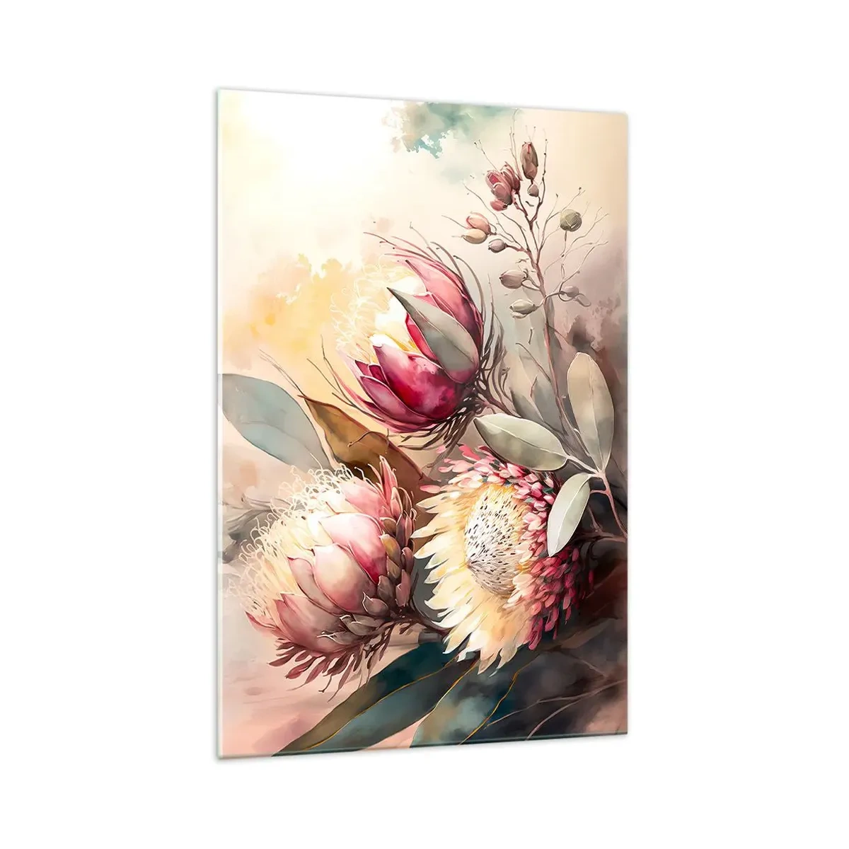 Quadro su vetro - Fiori di protea in delicate tonalità pastello - 70x100cm - Di profilo e di fronte - Decorazione murale moderna per soggiorno e camera da letto ARTTOR