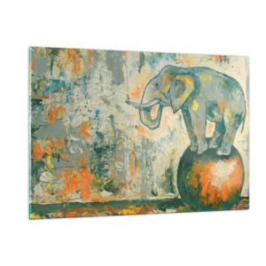 Quadro su vetro - Elefante astratto in equilibrio su una palla - 120x80cm - Evviva il circo! - Decorazione murale moderna per soggiorno e camera da letto ARTTOR