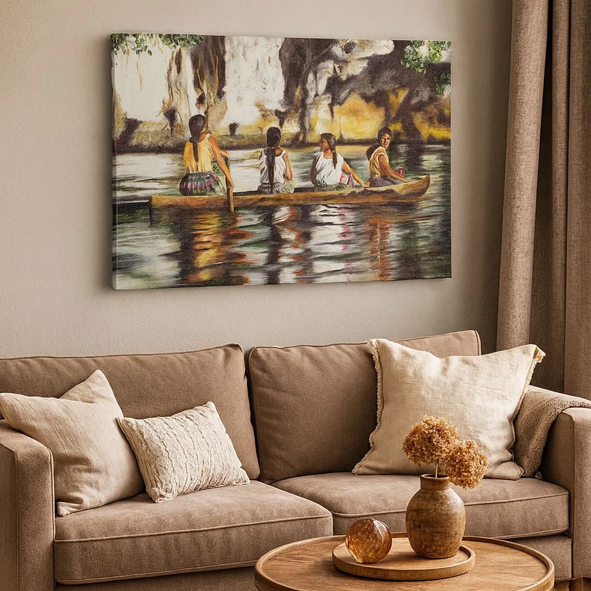 Quadro su tela - Stampe su Tela - Donne in barca su un fiume calmo con uno sfondo pittoresco - 70x50cm - Nel paradiso della Polinesia - Decorazione murale moderna per soggiorno e camera da letto ARTTOR