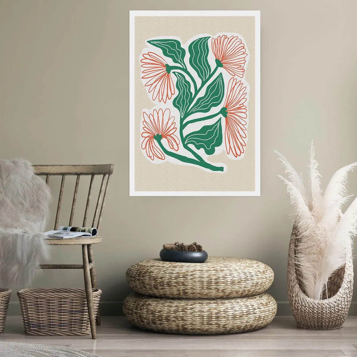 Poster - Motivo astratto di fiori e foglie su sfondo beige - 50x70cm - Folklore e modernità - Decorazione murale moderna per soggiorno e camera da letto ARTTOR