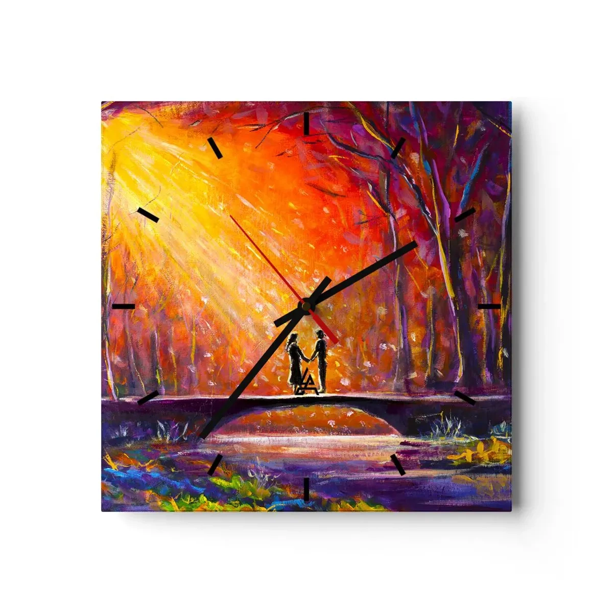 Orologio da parete - Orologio in Vetro - Coppia romantica su un ponte nella foresta autunnale - 30x30cm - Anche il cielo li ama - Decorazione murale moderna per soggiorno e camera da letto ARTTOR