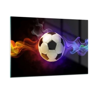Quadro su vetro - Un pallone da calcio circondato da strisce colorate - 120x80cm - La forza magica del gioco - Decorazione murale moderna per soggiorno e camera da letto ARTTOR