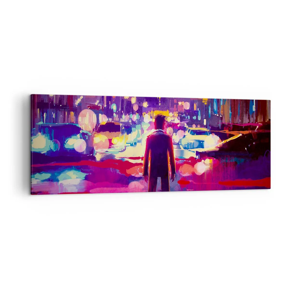 Quadro su tela - Stampe su Tela - Un uomo in una scena notturna di una città al neon - 140x50cm - Immerso nella luce - Decorazione murale moderna per soggiorno e camera da letto ARTTOR