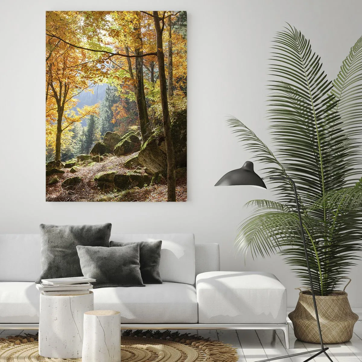 Quadro su vetro - Foresta autunnale con raggi di sole e pietre - 50x70cm - Il tempo del riposo - Decorazione murale moderna per soggiorno e camera da letto ARTTOR