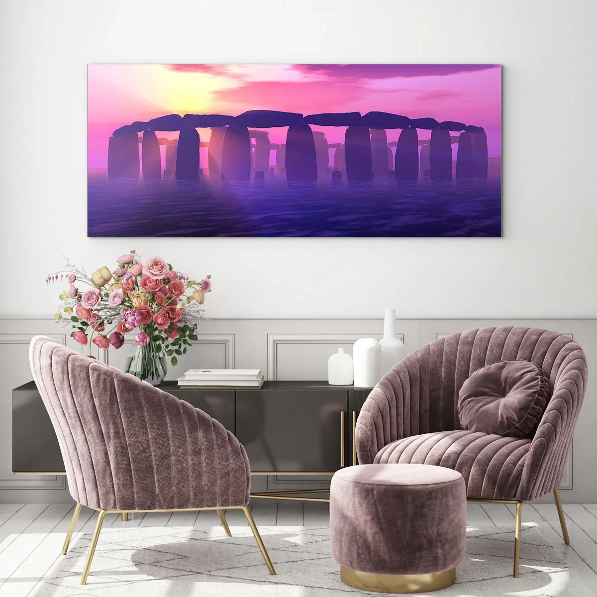 Quadro su vetro - Cerchio di pietre al tramonto con cielo viola - 120x50cm - Mistero in un'alba nebbiosa - Decorazione murale moderna per soggiorno e camera da letto ARTTOR