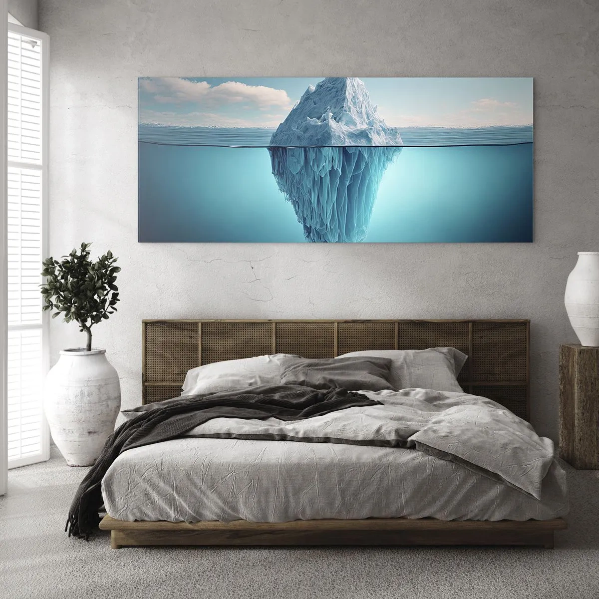 Quadro su vetro - Un iceberg visibile sopra e sotto la superficie dell'acqua - 160x50cm - Il re del ghiaccio - Decorazione murale moderna per soggiorno e camera da letto ARTTOR