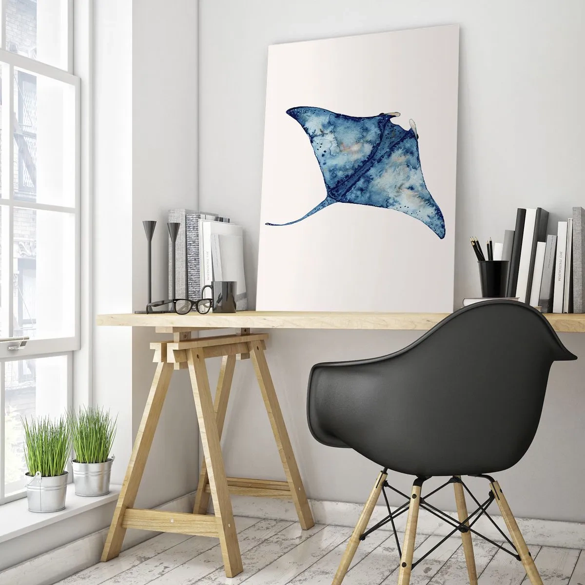 Quadro su vetro - Razza blu navy in stile acquerello su sfondo bianco - 50x70cm - Vita nel blu - Decorazione murale moderna per soggiorno e camera da letto ARTTOR