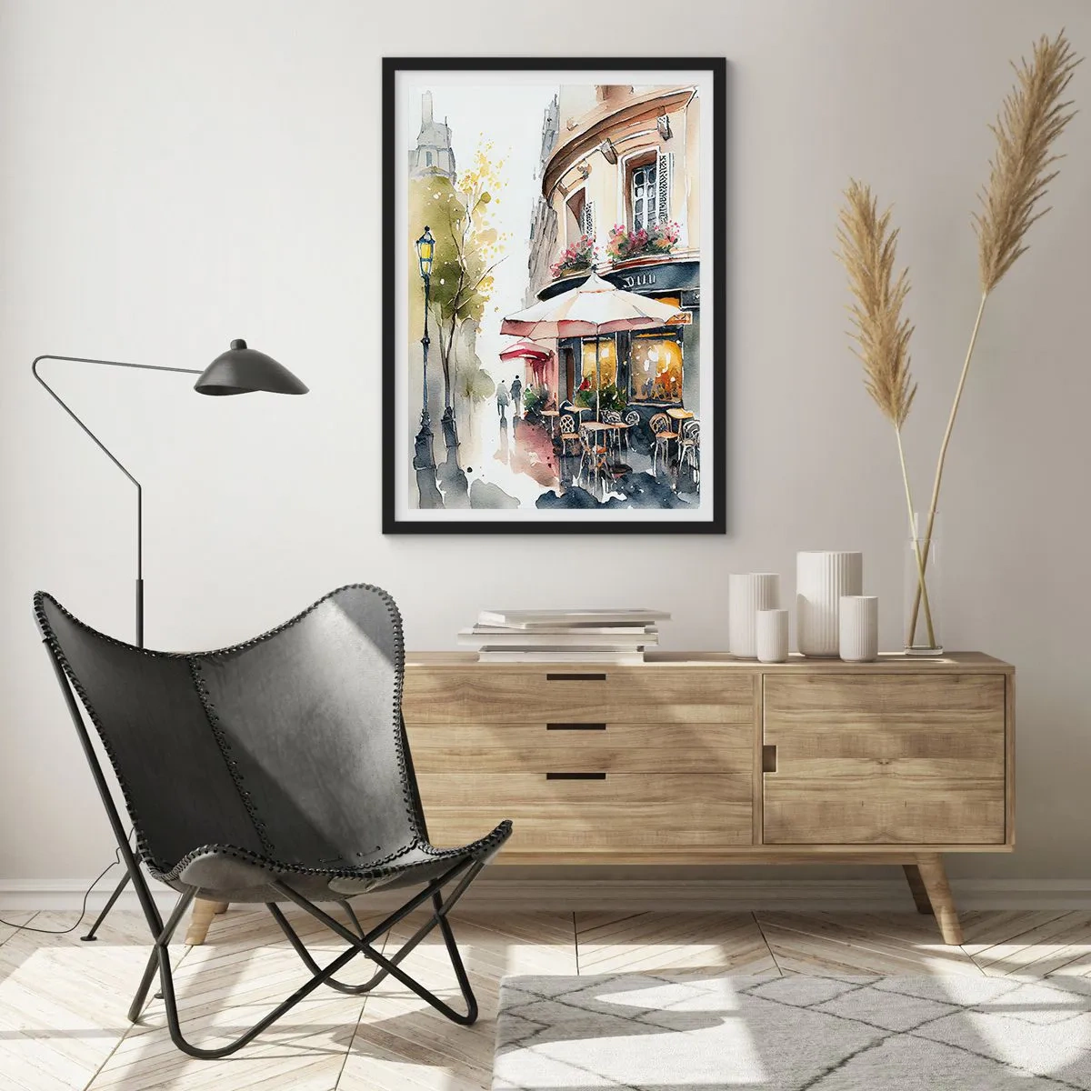 Poster in cornice nera - Un caffè in una pittoresca strada in stile europeo - 50x70cm - Mattina a Parigi - Decorazione murale moderna per soggiorno e camera da letto ARTTOR
