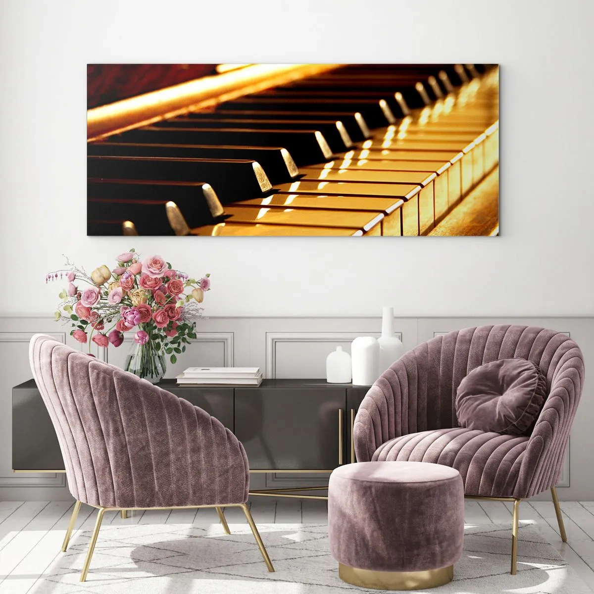 Quadro su vetro - Tastiera di pianoforte illuminata da luce dorata - 140x50cm - Possibilità illimitate - Decorazione murale moderna per soggiorno e camera da letto ARTTOR