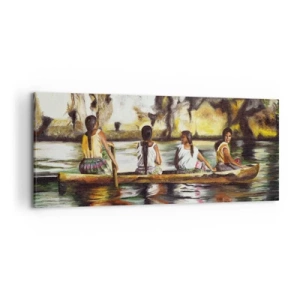 Quadro su tela - Stampe su Tela - Donne in barca su un fiume calmo con uno sfondo pittoresco - 120x50cm - Nel paradiso della Polinesia - Decorazione murale moderna per soggiorno e camera da letto ARTTOR