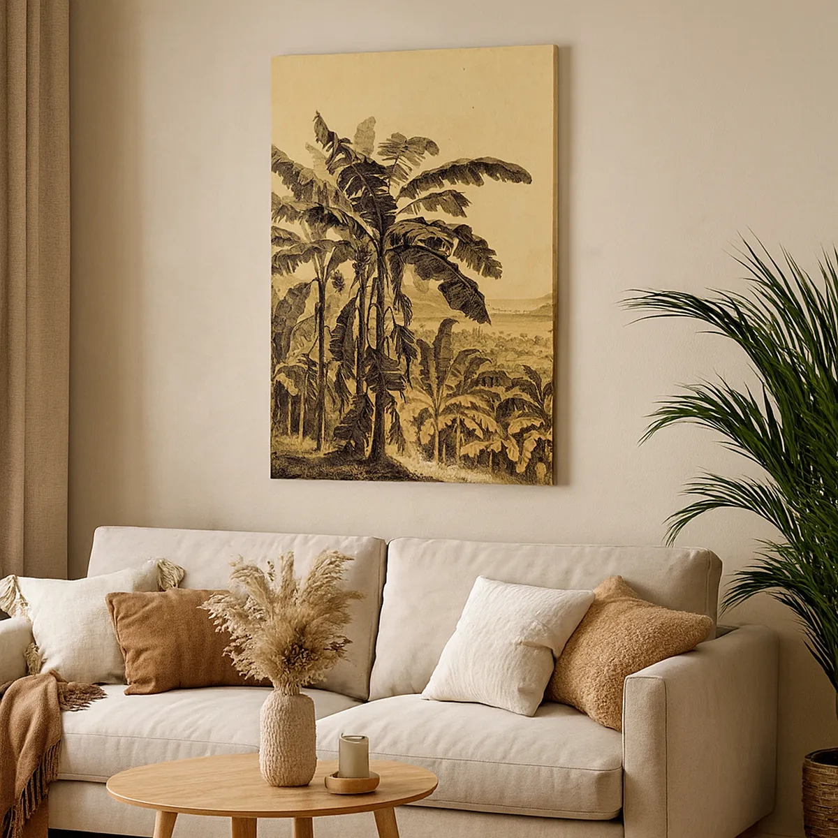 Quadro su tela - Stampe su Tela - Disegno di alberi di banana su uno sfondo di paesaggio tropicale - 50x70cm - Nel clima coloniale - Decorazione murale moderna per soggiorno e camera da letto ARTTOR