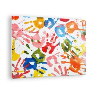 Quadro su vetro - Impronte di mani colorate su sfondo bianco - 70x50cm - Segui le tracce - Decorazione murale moderna per soggiorno e camera da letto ARTTOR