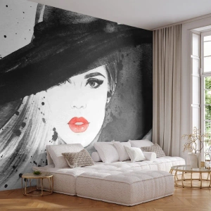Fotomurali Premium Canvas - Ritratto di una donna con un cappello e labbra rosse - 100x70cm - Donna in nero - Decorazione murale moderna per soggiorno e camera da letto ARTTOR
