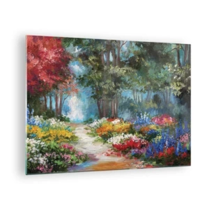 Quadro su vetro - Un giardino forestale colorato con fiori in fiore - 70x50cm - Il giardino del bosco d'aprile - Decorazione murale moderna per soggiorno e camera da letto ARTTOR