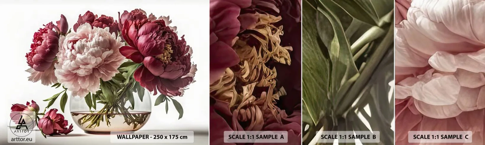 Campione di Fotomurale Adesivo Deluxe Sticker - Bellezza in piena fioritura - Mazzo di fiori, Vaso, Peonie - 100x30 cm