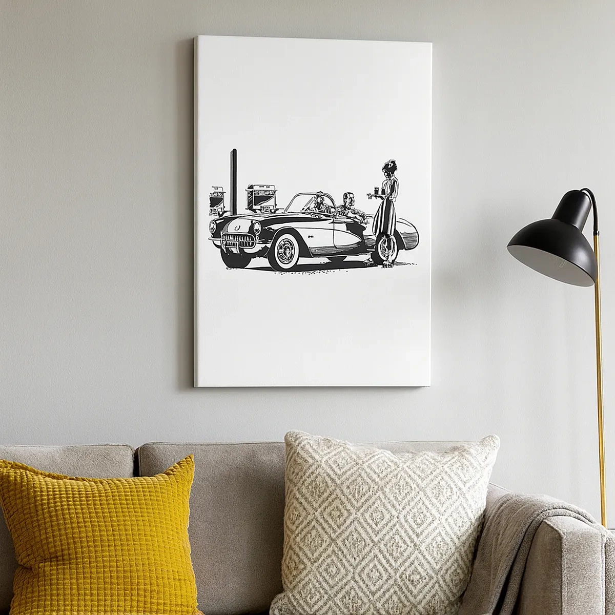 Quadro su tela - Stampe su Tela - Una scena retrò in bianco e nero con un'auto e una cameriera sui pattini a rotelle. - 50x70cm - Anni '60: l'America spensierata - Decorazione murale moderna per soggiorno e camera da letto ARTTOR
