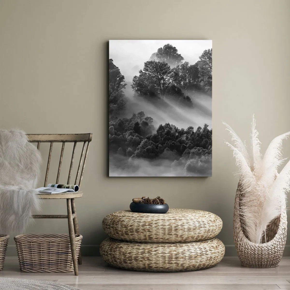 Quadro su tela - Stampe su Tela - Paesaggio forestale in bianco e nero nella nebbia mattutina - 70x100cm - Risveglio dal sonno - Decorazione murale moderna per soggiorno e camera da letto ARTTOR