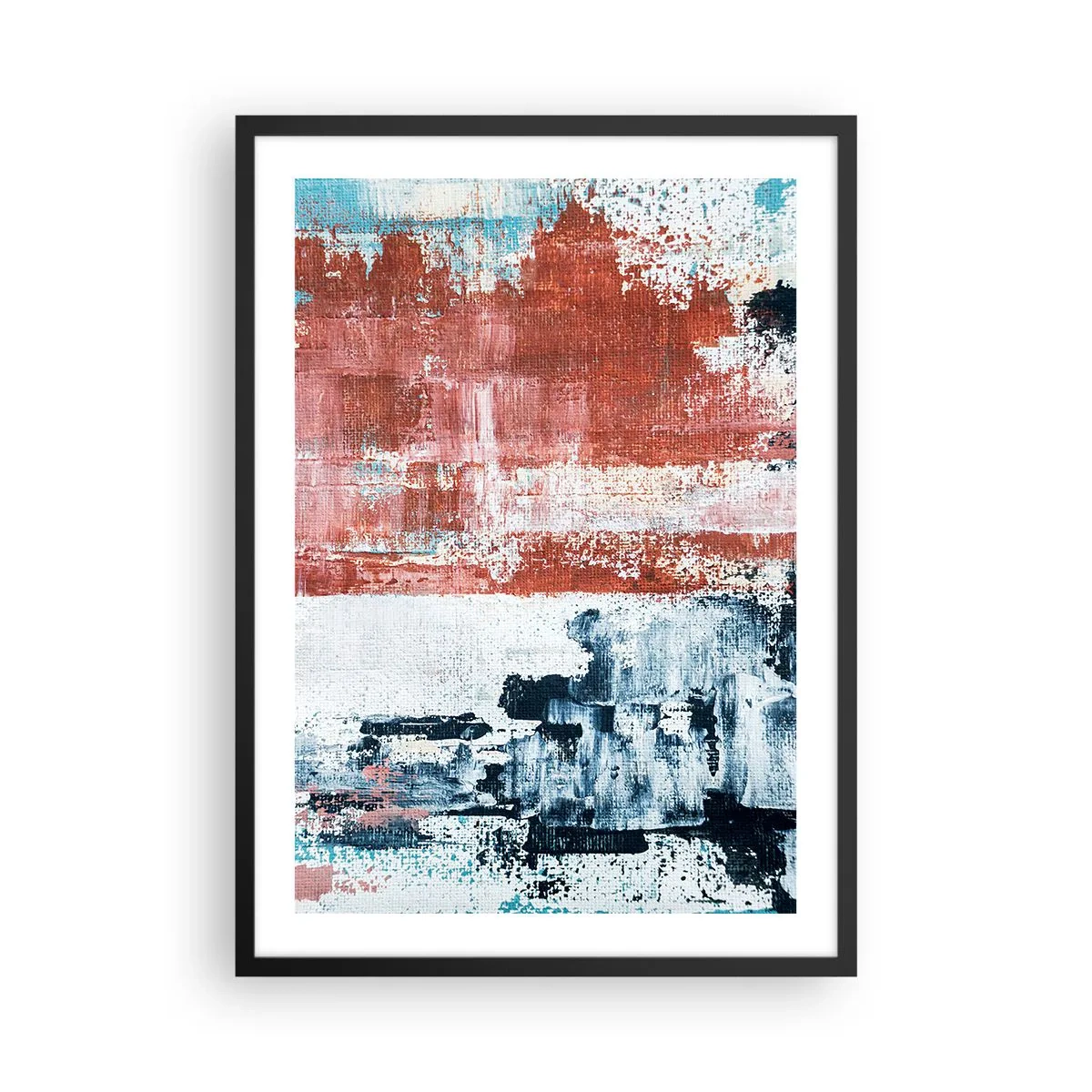 Poster in cornice nera - Composizione astratta nei toni del rosso, bianco e blu - 50x70cm - Astratto in due metà - Decorazione murale moderna per soggiorno e camera da letto ARTTOR