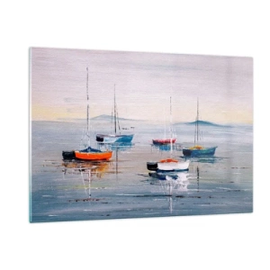 Quadro su vetro - Barche colorate che vanno alla deriva sulle acque calme al tramonto - 120x80cm - Meritato riposo - Decorazione murale moderna per soggiorno e camera da letto ARTTOR