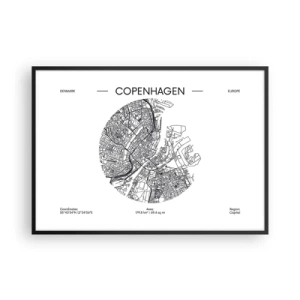 Poster in cornice nera - Una mappa di Copenaghen in stile minimalista in bianco e nero. - 100x70cm - Anatomia di Copenaghen - Decorazione murale moderna per soggiorno e camera da letto ARTTOR