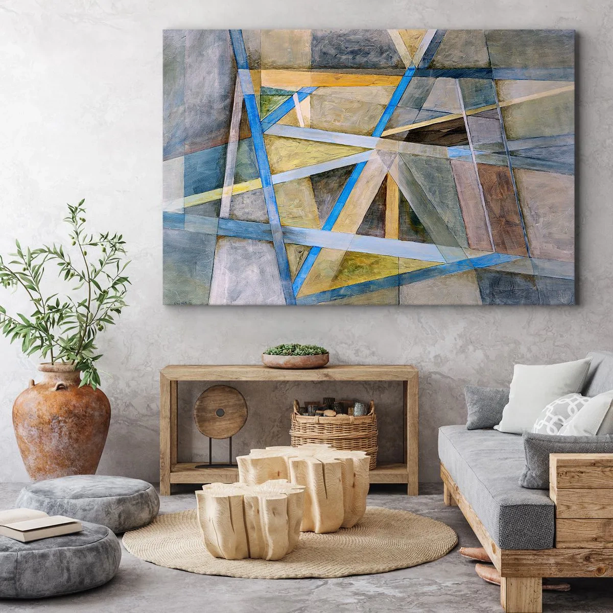 Quadro su tela - Stampe su Tela - Composizione geometrica con linee chiare e blu - 70x50cm - Dritto o obliquo? - Decorazione murale moderna per soggiorno e camera da letto ARTTOR