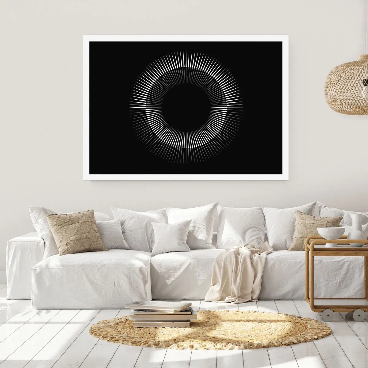 Poster - Cerchio grafico con raggi in bianco e nero - 100x70cm - Sole nero - Decorazione murale moderna per soggiorno e camera da letto ARTTOR