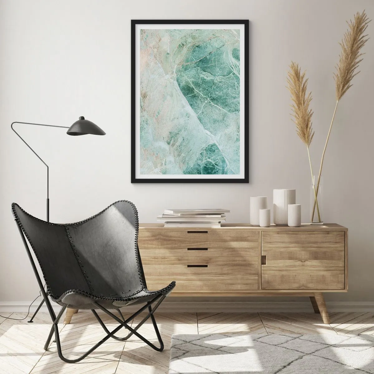Poster in cornice nera - Struttura in marmo verde con delicate venature bianche - 50x70cm - Il freddo nobile della pietra - Decorazione murale moderna per soggiorno e camera da letto ARTTOR
